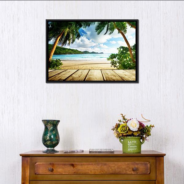 Seychelles Beach & Wooden Pier Canvas Wall Art-1 Piece-Floating Frame-24" x 16"-Tiaracle