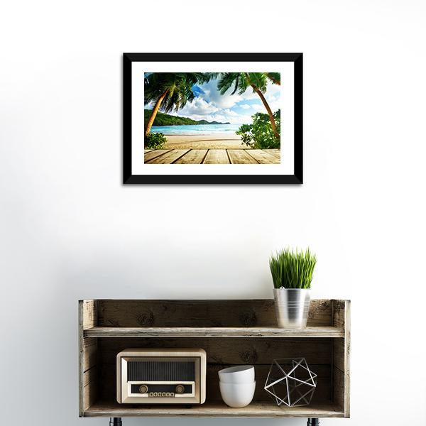 Seychelles Beach & Wooden Pier Canvas Wall Art-1 Piece-Framed Print-20" x 16"-Tiaracle
