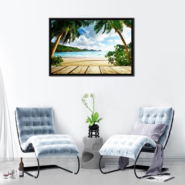 Seychelles Beach & Wooden Pier Canvas Wall Art-1 Piece-Floating Frame-24" x 16"-Tiaracle
