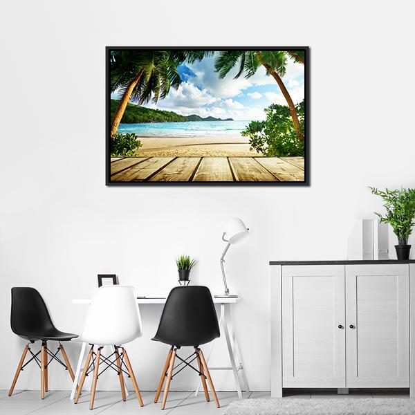 Seychelles Beach & Wooden Pier Canvas Wall Art-3 Horizontal-Gallery Wrap-25" x 16"-Tiaracle