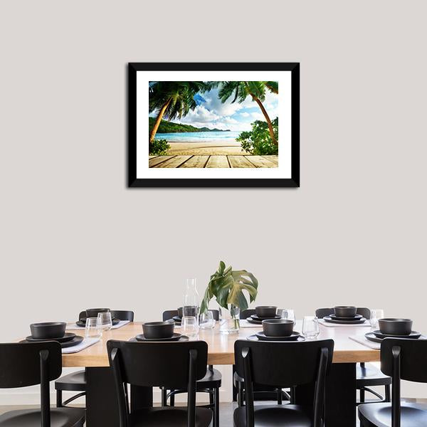 Seychelles Beach &amp; Wooden Pier Canvas Wall Art-1 Piece-Framed Print-20&quot; x 16&quot;-Tiaracle