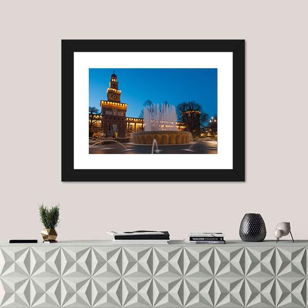Sforzesco Castle By Night In Milan Canvas Wall Art-1 Piece-Framed Print-20" x 16"-Tiaracle