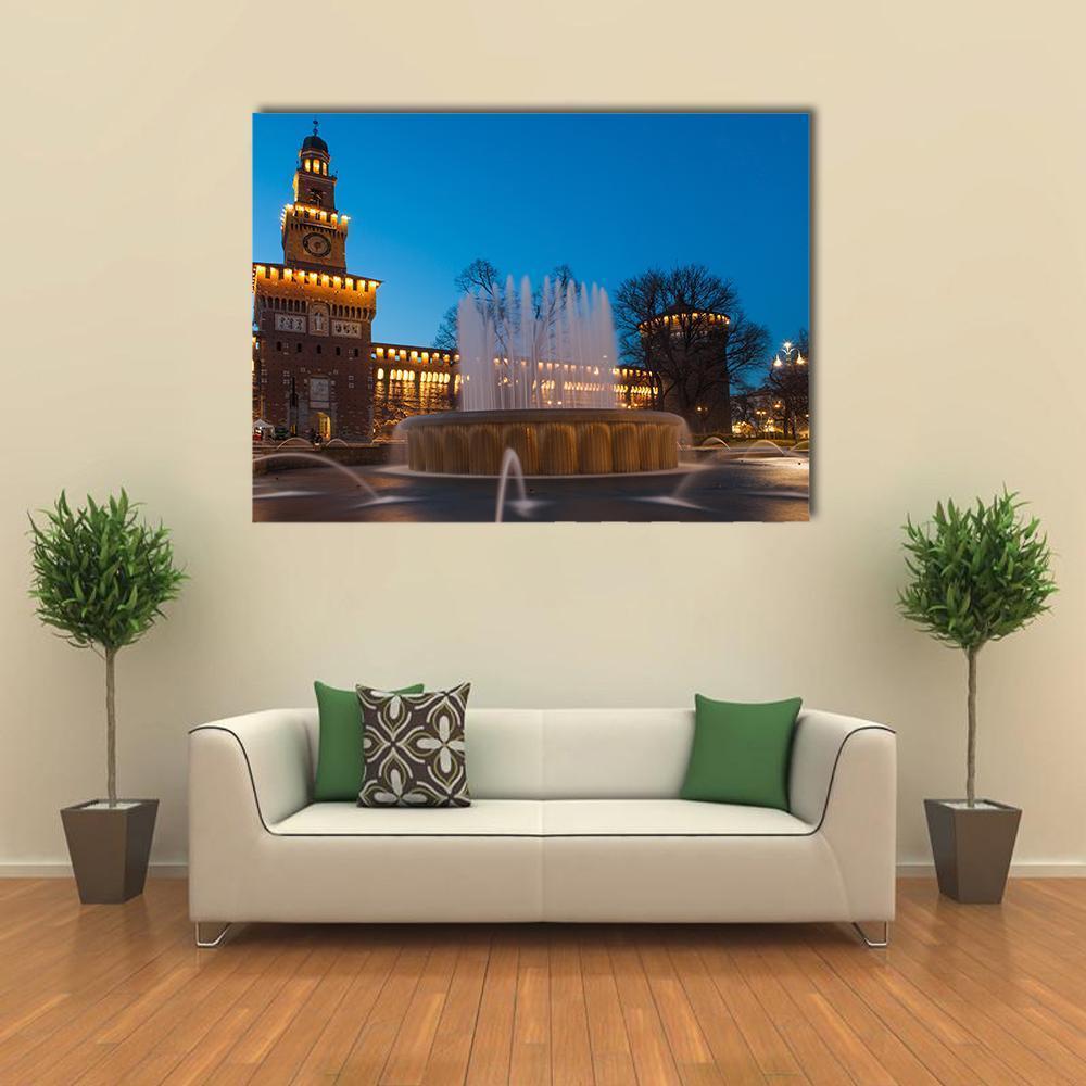 Sforzesco Castle at Night, Milan Canvas Wall Art in brown, gold and blue, single panel hung on a wall