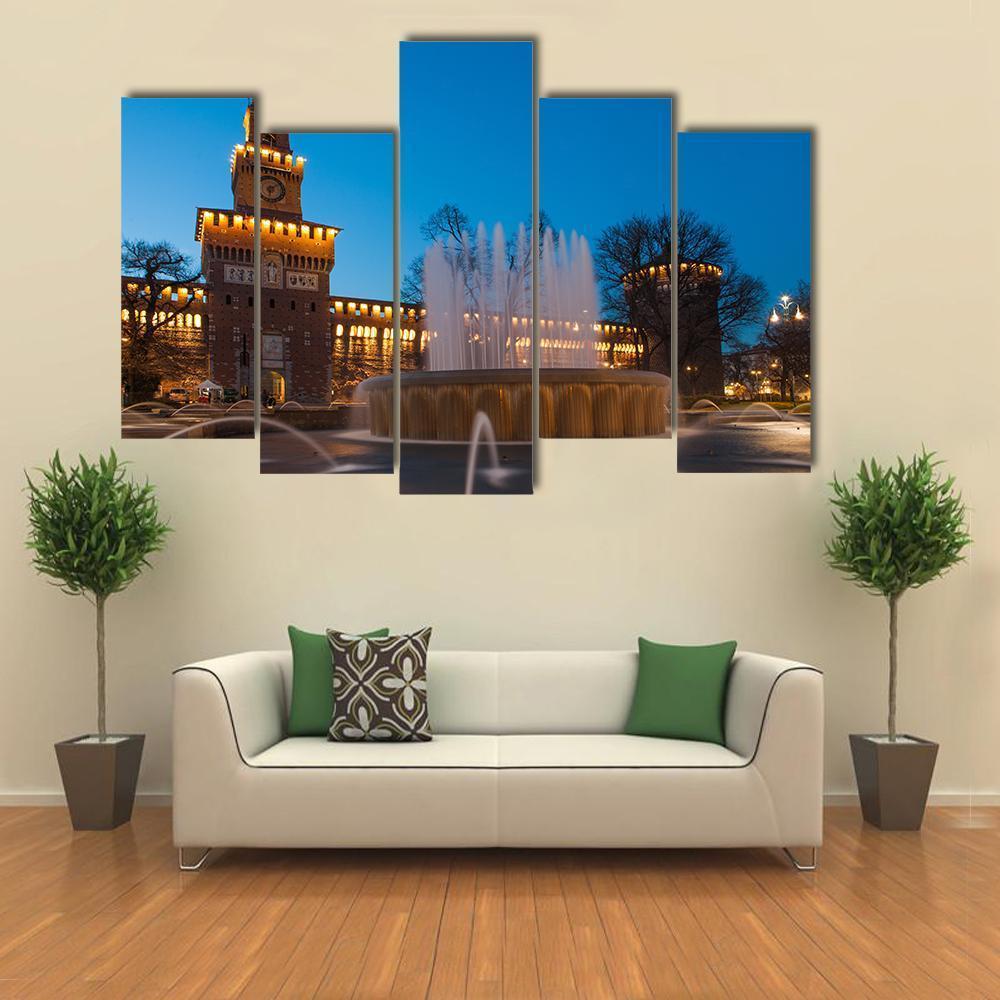 Sforzesco Castle By Night In Milan Canvas Wall Art-5 Pop-Gallery Wrap-47" x 32"-Tiaracle