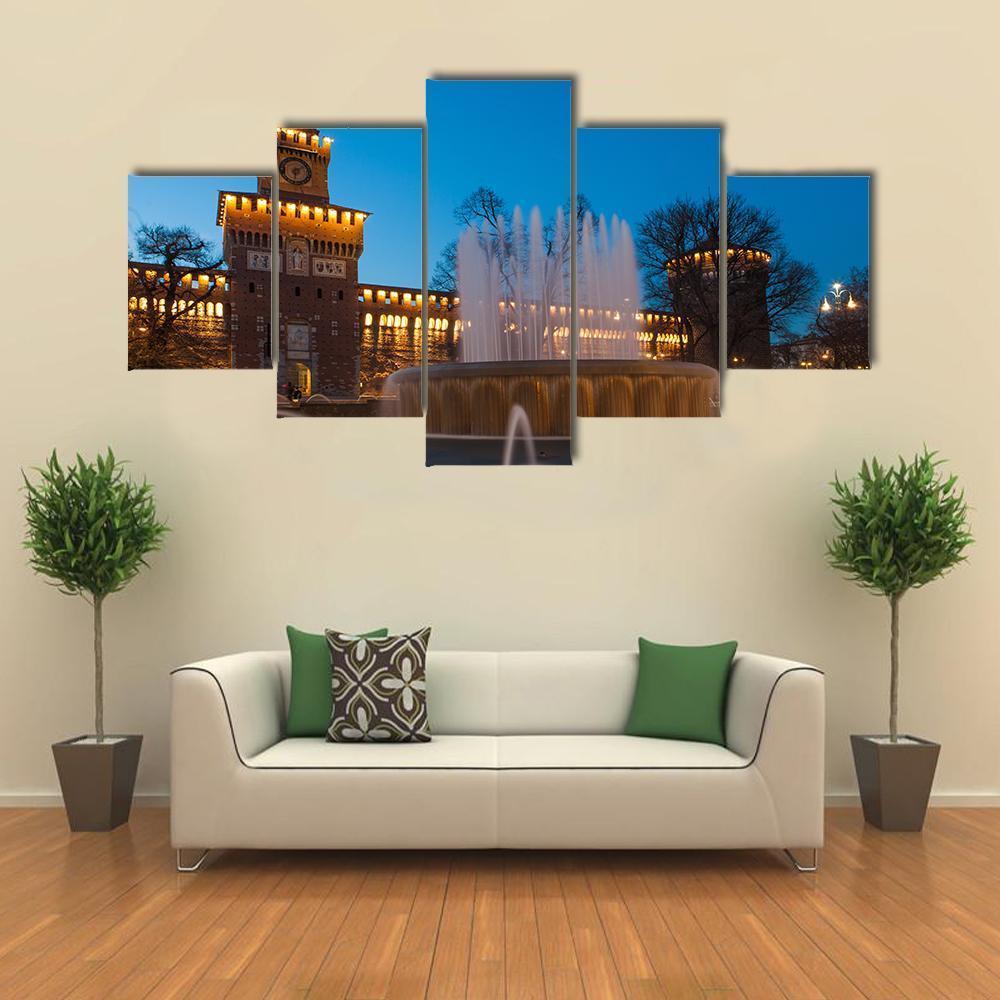 Sforzesco Castle By Night In Milan Canvas Wall Art-5 Star-Gallery Wrap-62" x 32"-Tiaracle