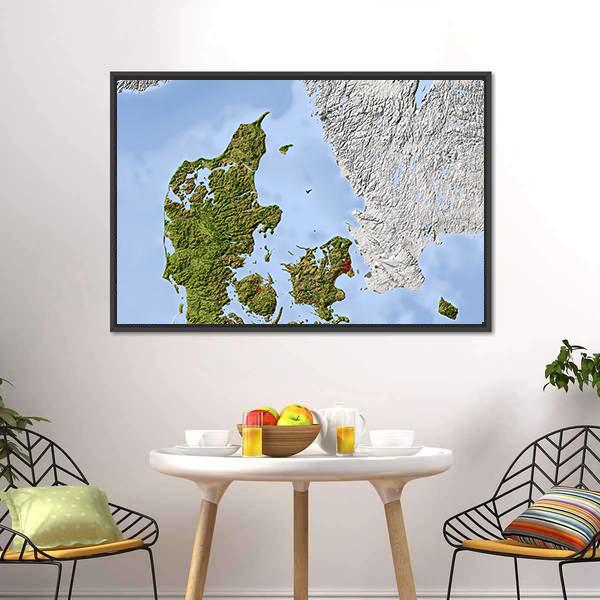 Shaded Relief Map Denmark Canvas Wall Art-1 Piece-Floating Frame-24" x 16"-Tiaracle