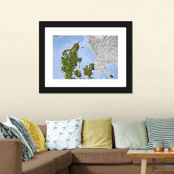 Shaded Relief Map Denmark Canvas Wall Art-1 Piece-Framed Print-20" x 16"-Tiaracle
