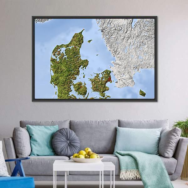 Shaded Relief Map Denmark Canvas Wall Art-5 Horizontal-Gallery Wrap-22" x 12"-Tiaracle