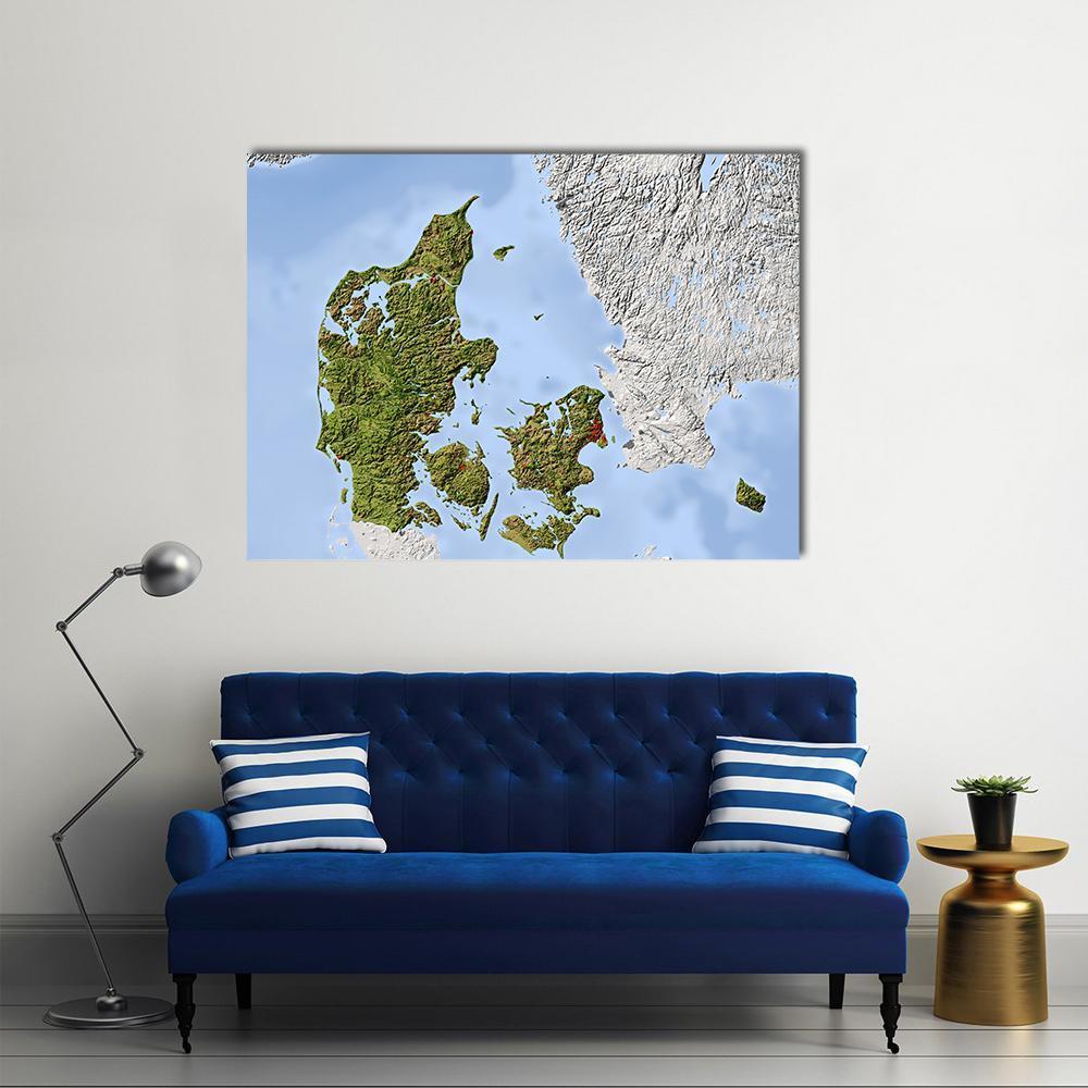 Shaded Relief Map of Denmark Canvas Wall Art in white, green and blue, single panel hung on a wall