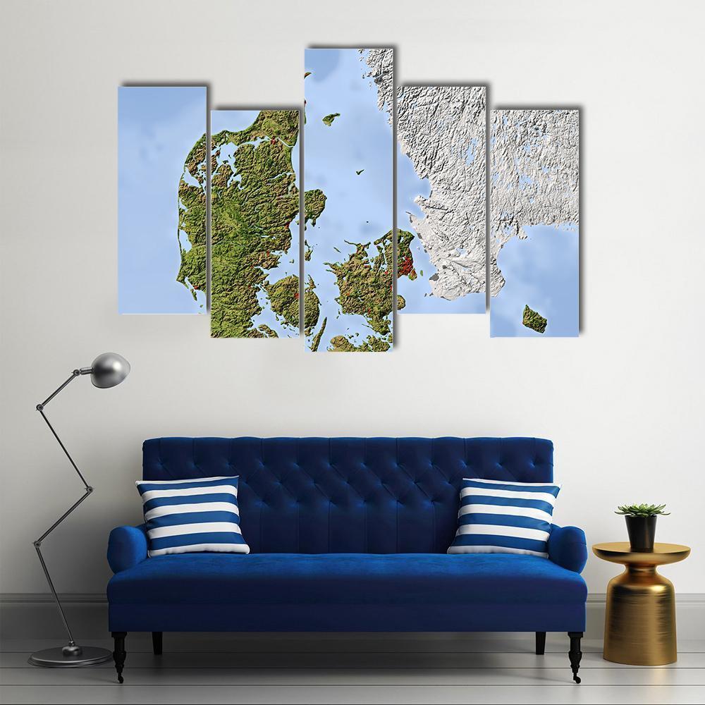 Shaded Relief Map Denmark Canvas Wall Art-5 Pop-Gallery Wrap-47" x 32"-Tiaracle