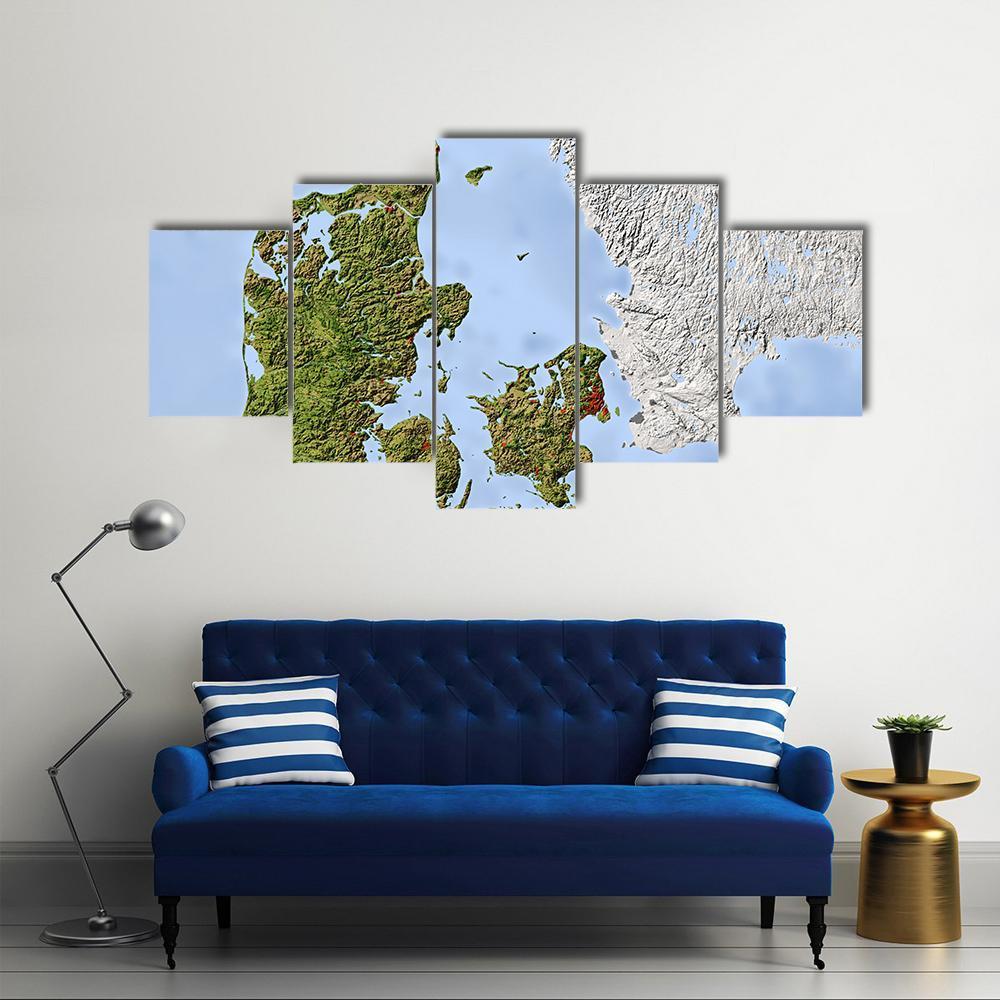 Shaded Relief Map Denmark Canvas Wall Art-5 Star-Gallery Wrap-62" x 32"-Tiaracle