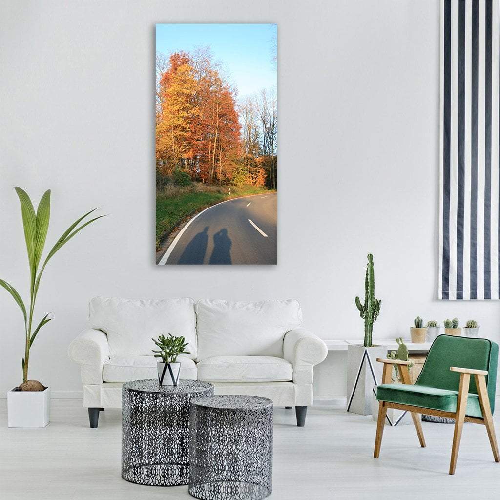 Shadow Play Of Human In Autumn Road Vertical Canvas Wall Art-3 Vertical-Gallery Wrap-12" x 25"-Tiaracle