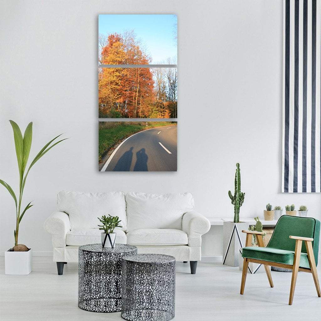 Shadow Play Of Human In Autumn Road Vertical Canvas Wall Art-3 Vertical-Gallery Wrap-12" x 25"-Tiaracle