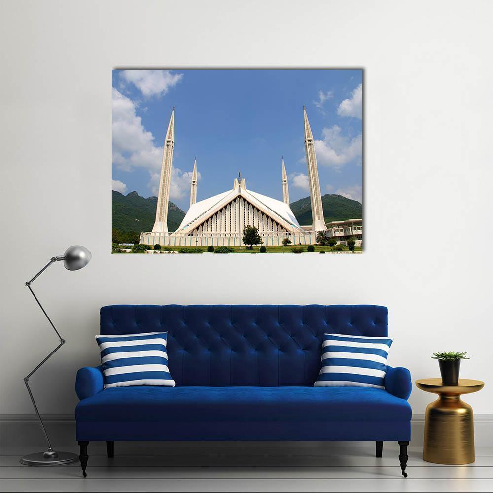 Shah Faisal Mosque Islamabad Canvas Wall Art in white, green and blue, single panel hung on a wall