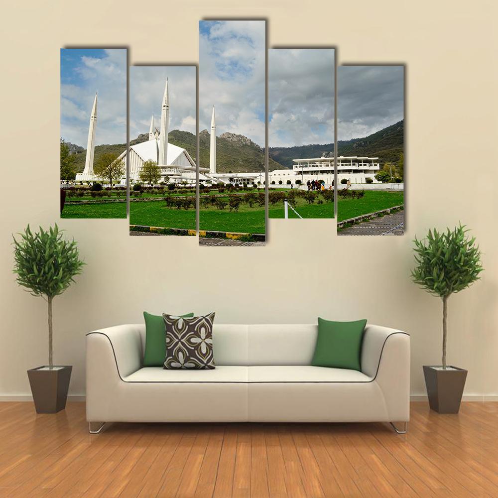 Shah Faisal Mosque In Islamabad Canvas Wall Art-5 Pop-Gallery Wrap-47" x 32"-Tiaracle