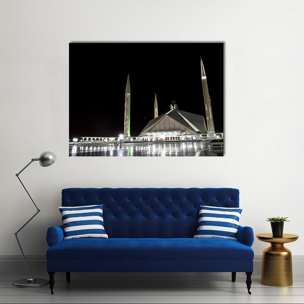 Illuminated Faisal Mosque at Night Canvas Wall Art in black and white, single panel hung on a wall