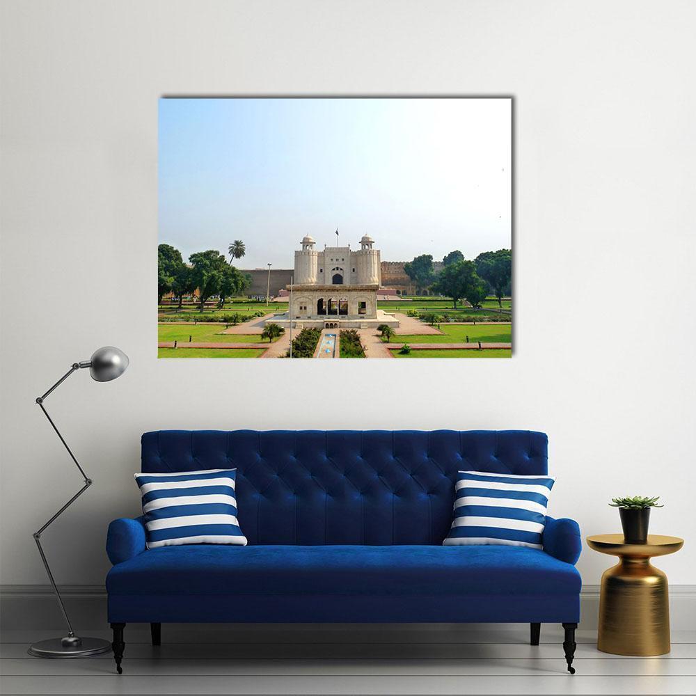 Shahi Qilla Gatehouse with Symmetrical Gardens Canvas Wall Art in white, green and blue, single panel hung on a wall