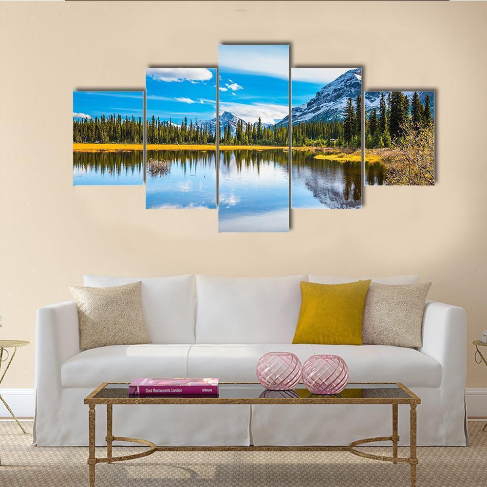 Shallow Marshy Lake In Rocky Mountains Canvas Wall Art-5 Star-Gallery Wrap-62" x 32"-Tiaracle