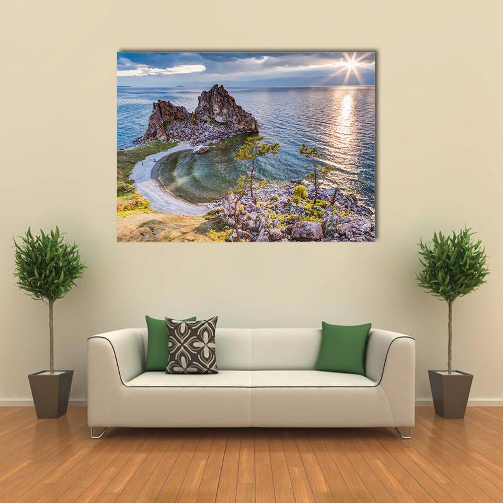 Shaman Rock at Lake Baikal Canvas Wall Art in brown, gold and blue, single panel hung on a wall