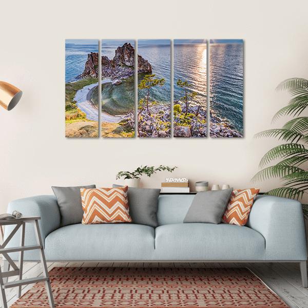 Shaman Rock And Lake Baikal Russia Canvas Wall Art-5 Horizontal-Gallery Wrap-22" x 12"-Tiaracle