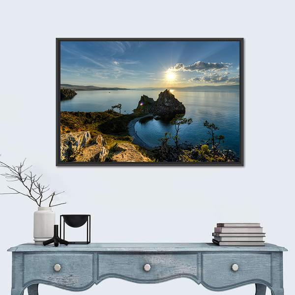 Shaman Rock On Island Of Olkhon And Lake Baikal Canvas Wall Art-1 Piece-Floating Frame-24" x 16"-Tiaracle