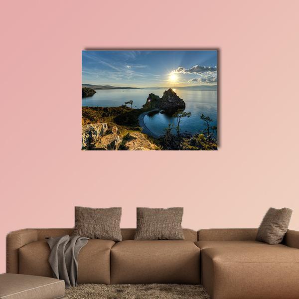 Shaman Rock on Olkhon Island, Lake Baikal Canvas Wall Art in brown, yellow and blue, single panel hung on a wall