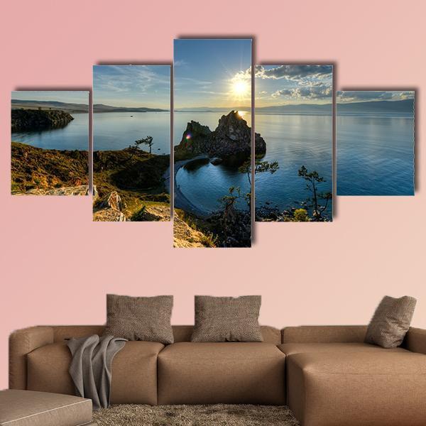 Shaman Rock On Island Of Olkhon And Lake Baikal Canvas Wall Art-5 Star-Gallery Wrap-62" x 32"-Tiaracle
