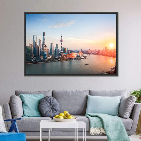 Shanghai At Dusk Canvas Wall Art-3 Horizontal-Gallery Wrap-25" x 16"-Tiaracle