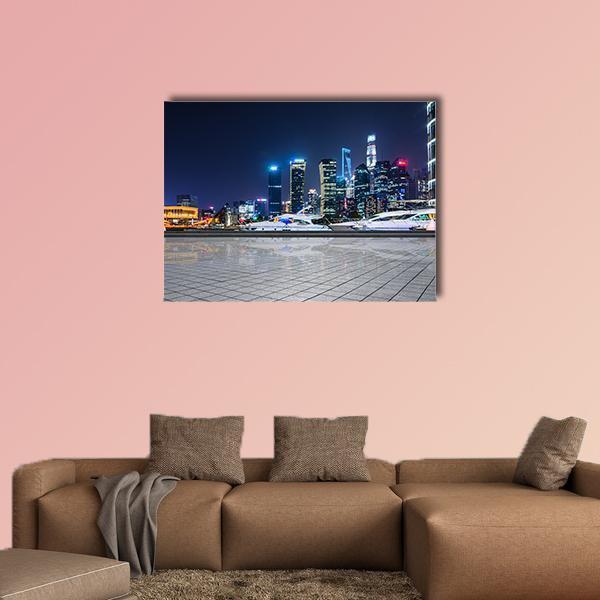 Shanghai at Night Canvas Wall Art in black, gray and blue, single panel hung on a wall