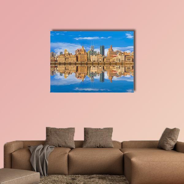 Shanghai Bund River Reflection Canvas Wall Art in brown, gold and blue, single panel hung on a wall