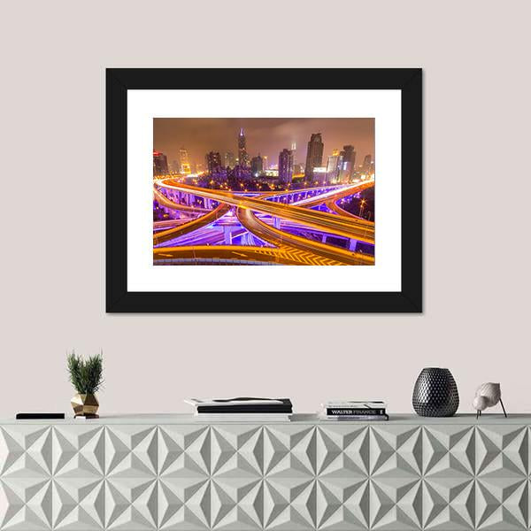 Shanghai Elevated Road Junction And Interchange Overpass At Night Canvas Wall Art-1 Piece-Framed Print-20&quot; x 16&quot;-Tiaracle