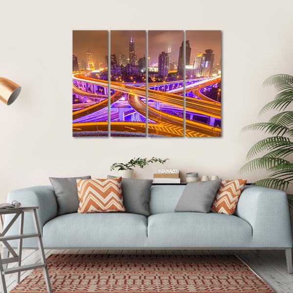 Shanghai Elevated Road Junction And Interchange Overpass At Night Canvas Wall Art-4 Horizontal-Gallery Wrap-34" x 24"-Tiaracle