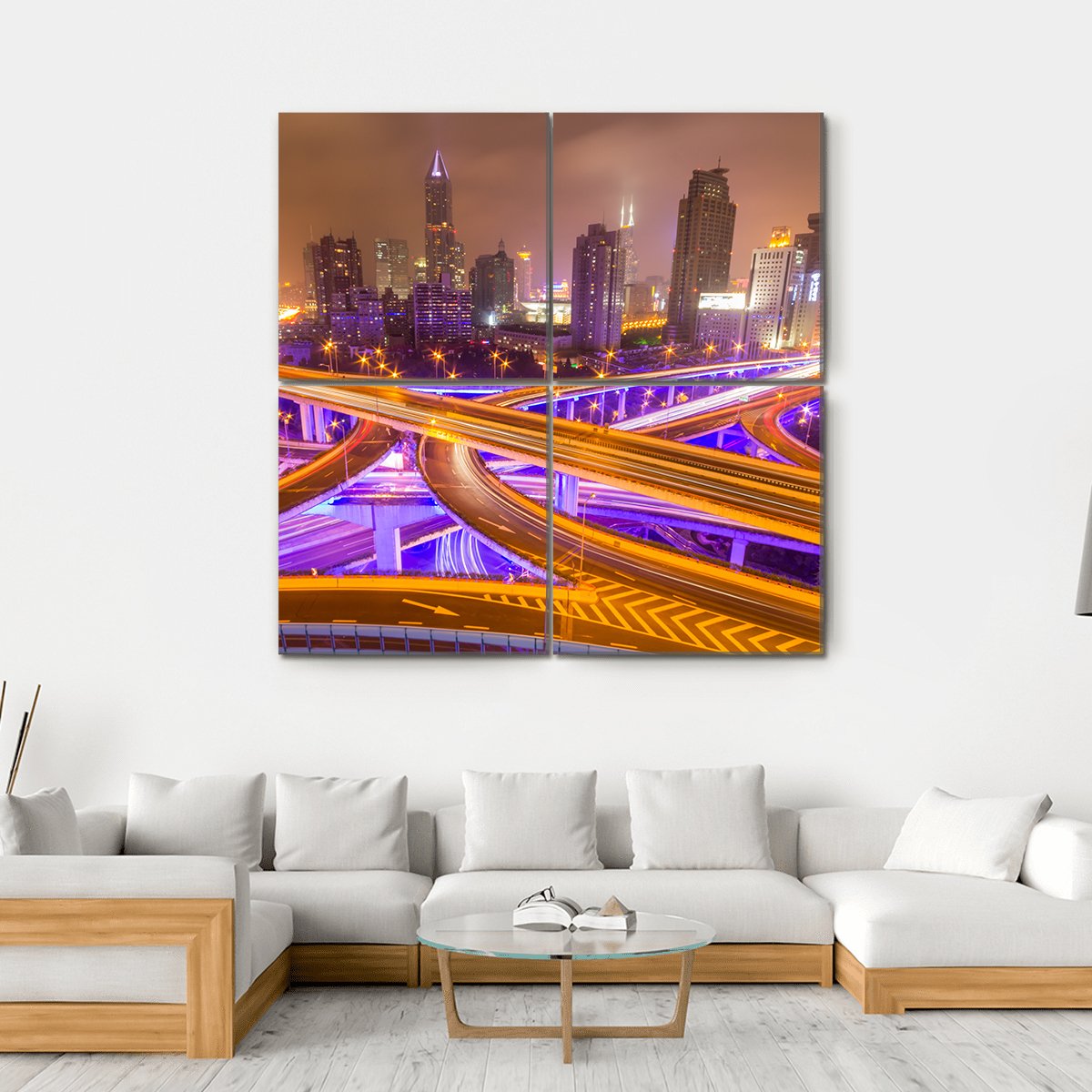 Shanghai Elevated Road Junction And Interchange Overpass At Night Canvas Wall Art-4 Square-Gallery Wrap-17" x 17"-Tiaracle