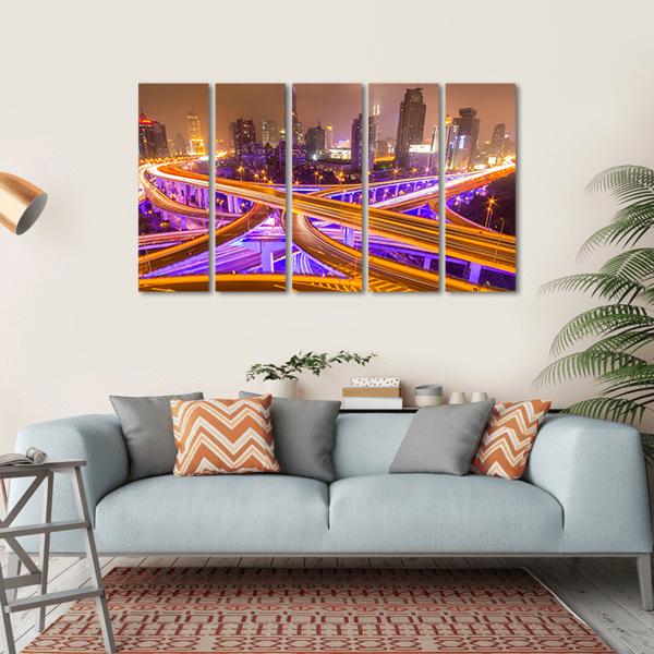 Shanghai Elevated Road Junction And Interchange Overpass At Night Canvas Wall Art-5 Horizontal-Gallery Wrap-22" x 12"-Tiaracle
