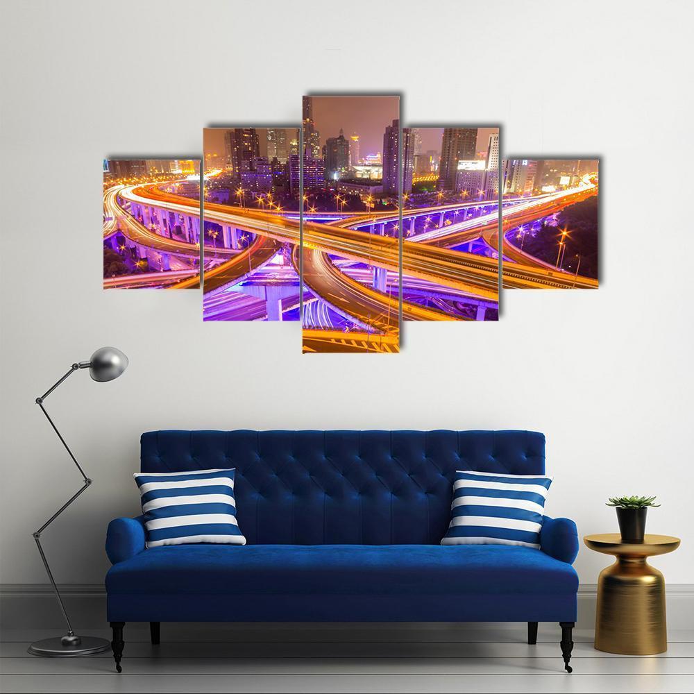 Shanghai Elevated Road Junction And Interchange Overpass At Night Canvas Wall Art-5 Star-Gallery Wrap-62" x 32"-Tiaracle