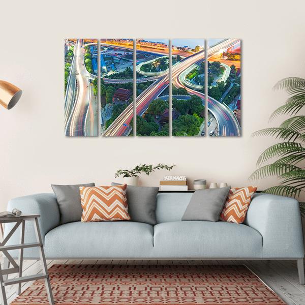 Shanghai Interchange Overpass In Nightfall Canvas Wall Art-5 Horizontal-Gallery Wrap-22&quot; x 12&quot;-Tiaracle