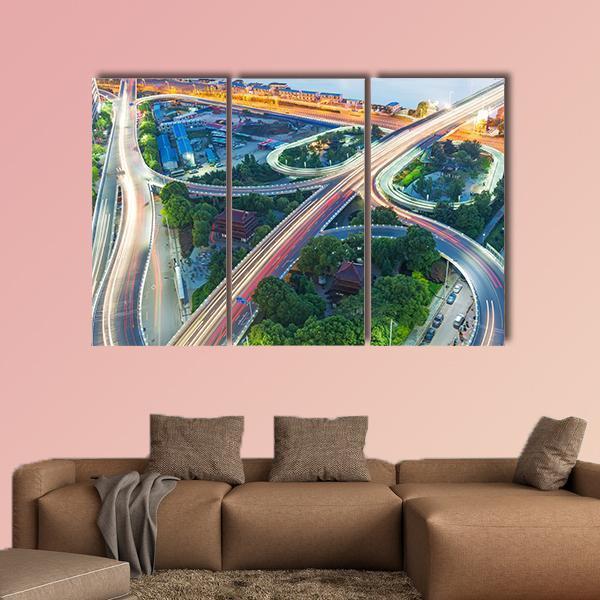 Shanghai Interchange Overpass In Nightfall Canvas Wall Art-3 Horizontal-Gallery Wrap-37" x 24"-Tiaracle