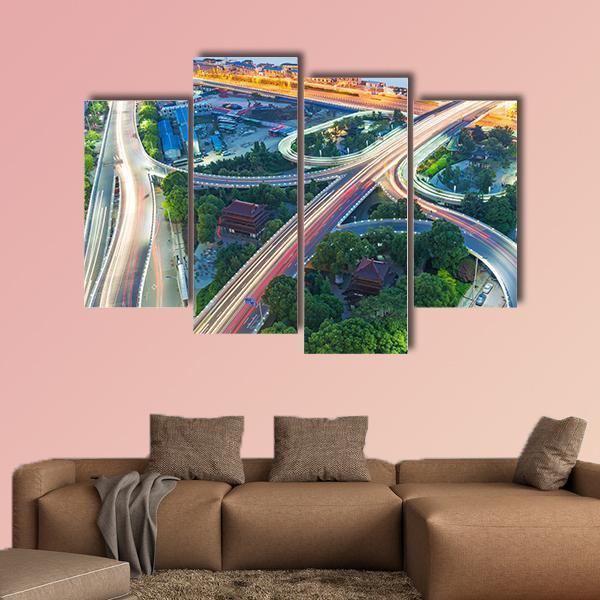Shanghai Interchange Overpass In Nightfall Canvas Wall Art-4 Pop-Gallery Wrap-50" x 32"-Tiaracle