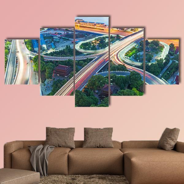 Shanghai Interchange Overpass In Nightfall Canvas Wall Art-5 Star-Gallery Wrap-62" x 32"-Tiaracle