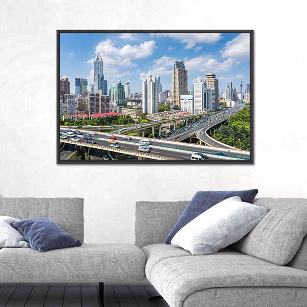 Shanghai Modern City Skyline Canvas Wall Art-5 Horizontal-Gallery Wrap-22&quot; x 12&quot;-Tiaracle