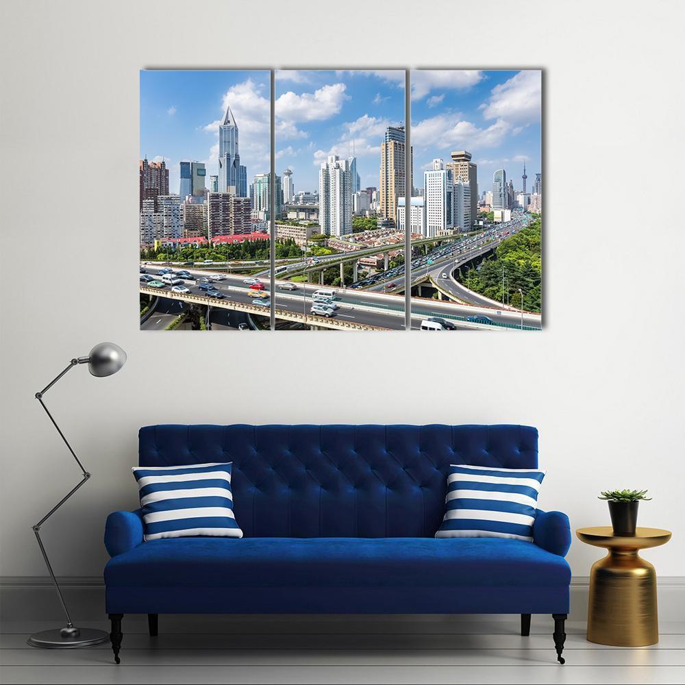 Shanghai Modern City Skyline Canvas Wall Art-3 Horizontal-Gallery Wrap-37&quot; x 24&quot;-Tiaracle