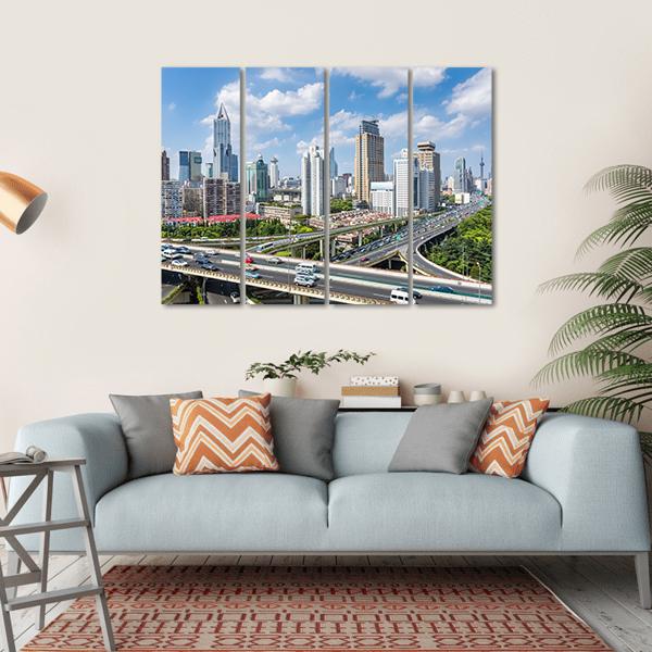 Shanghai Modern City Skyline Canvas Wall Art-4 Horizontal-Gallery Wrap-34&quot; x 24&quot;-Tiaracle