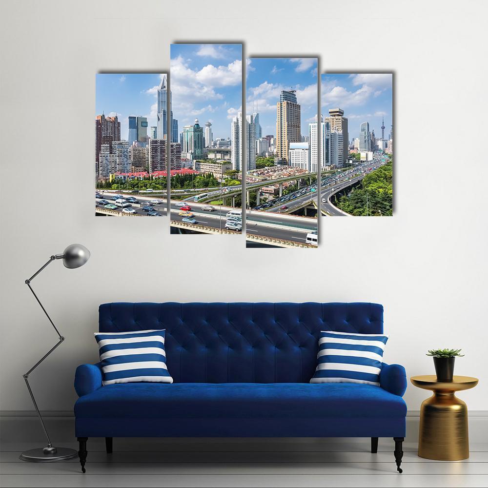 Shanghai Modern City Skyline Canvas Wall Art-4 Pop-Gallery Wrap-50&quot; x 32&quot;-Tiaracle