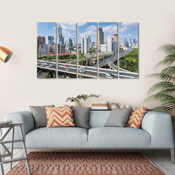 Shanghai Modern City Skyline Canvas Wall Art-5 Horizontal-Gallery Wrap-22&quot; x 12&quot;-Tiaracle