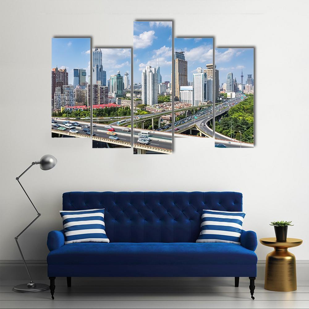 Shanghai Modern City Skyline Canvas Wall Art-5 Pop-Gallery Wrap-47&quot; x 32&quot;-Tiaracle