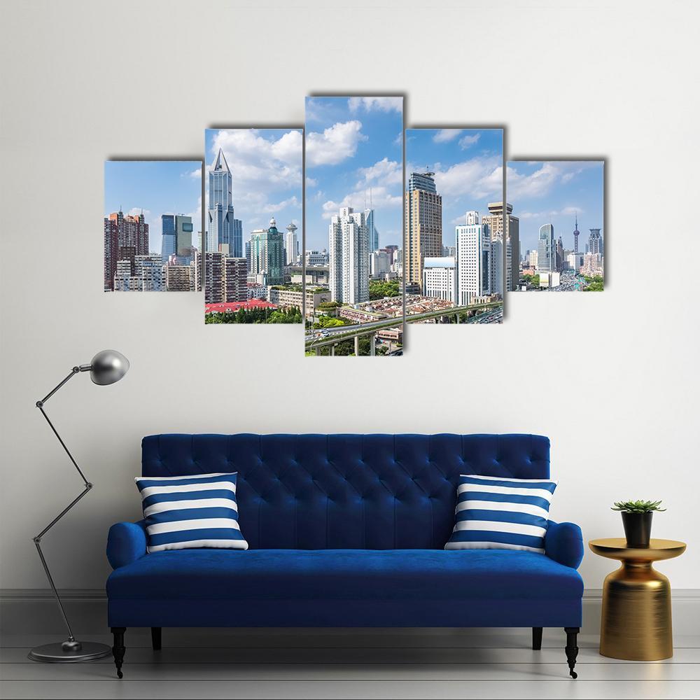 Shanghai Modern City Skyline Canvas Wall Art-5 Star-Gallery Wrap-62&quot; x 32&quot;-Tiaracle