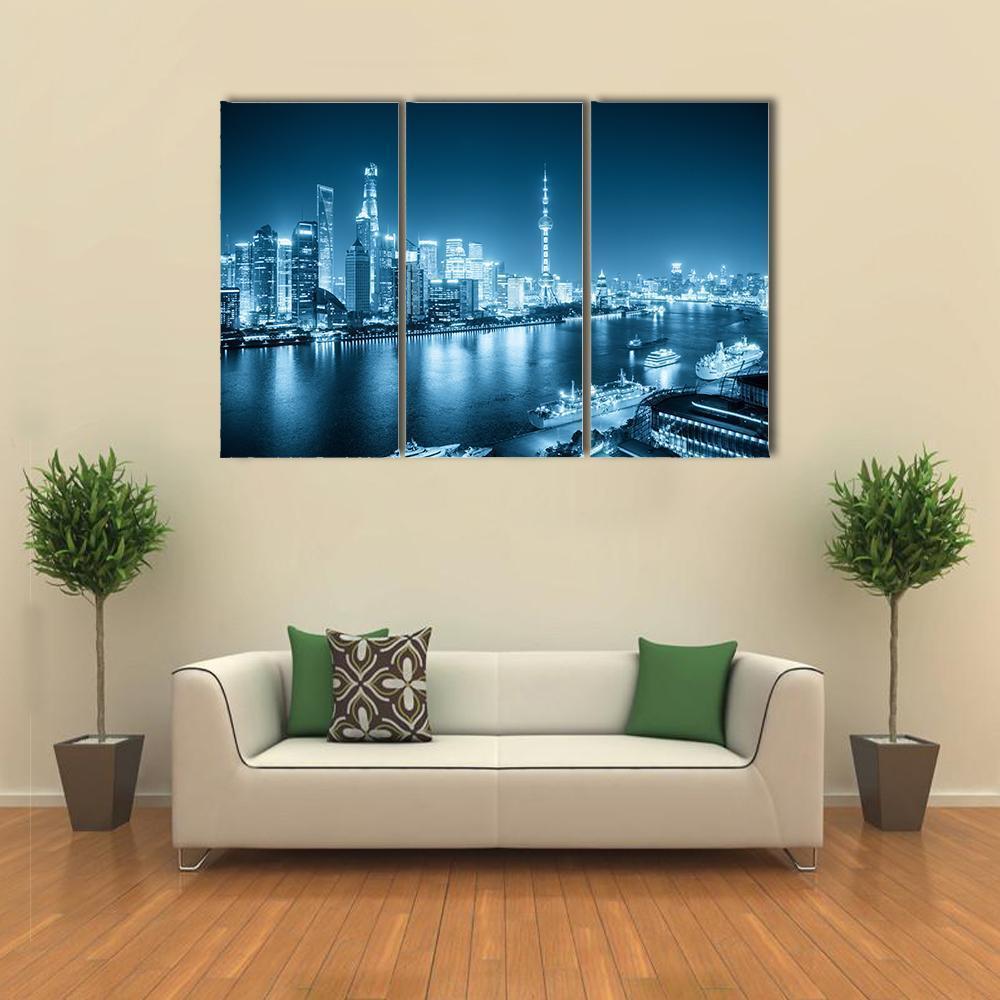 Shanghai Night Scene Canvas Wall Art-3 Horizontal-Gallery Wrap-37&quot; x 24&quot;-Tiaracle