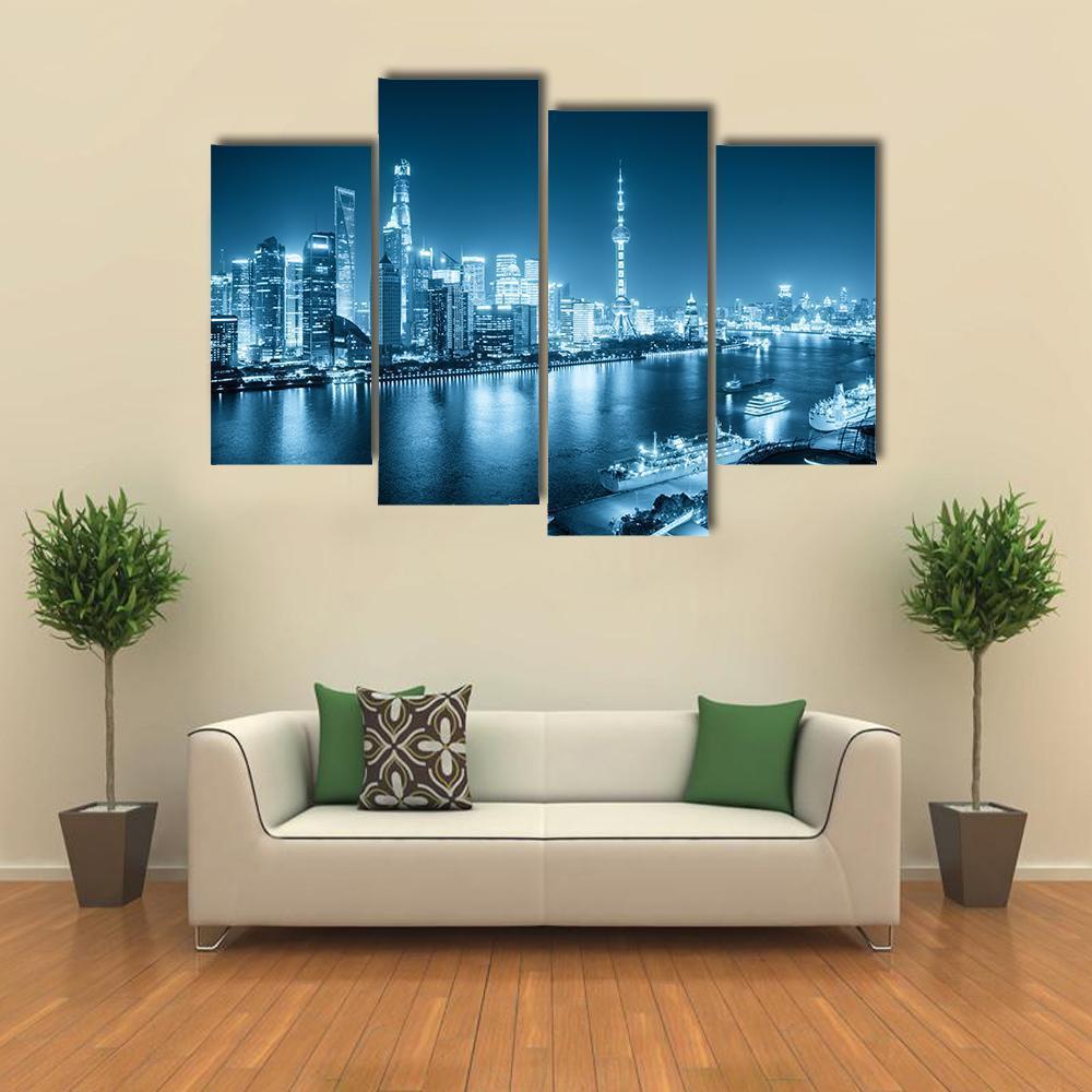 Shanghai Night Scene Canvas Wall Art-4 Pop-Gallery Wrap-50&quot; x 32&quot;-Tiaracle