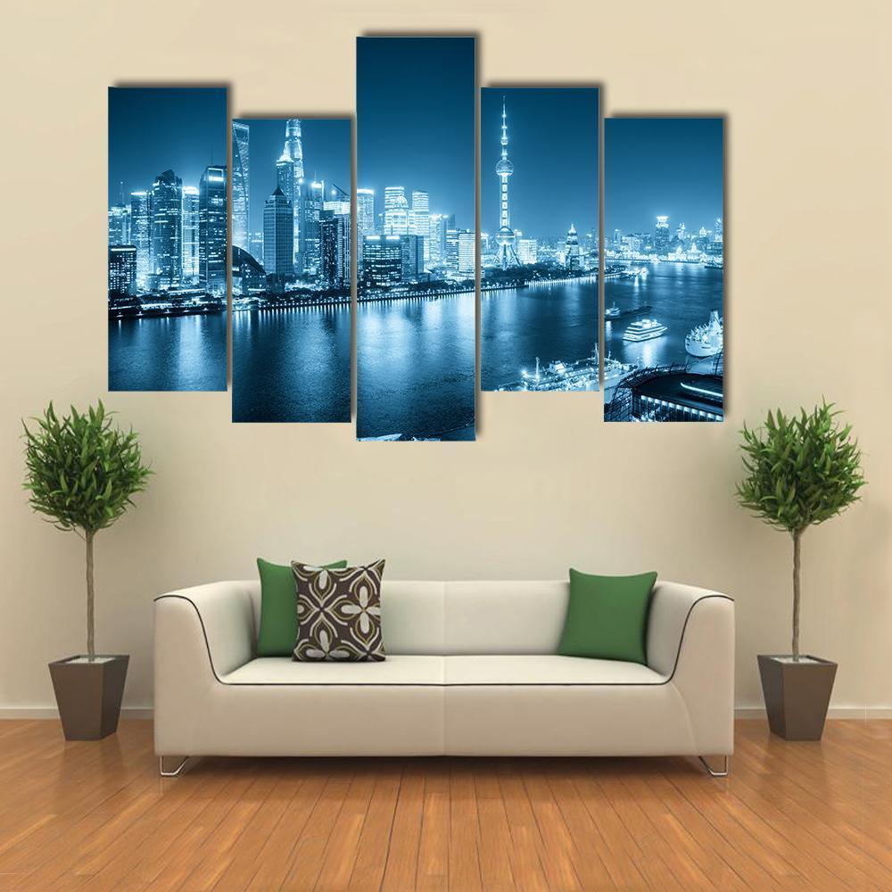 Shanghai Night Scene Canvas Wall Art-5 Pop-Gallery Wrap-47&quot; x 32&quot;-Tiaracle