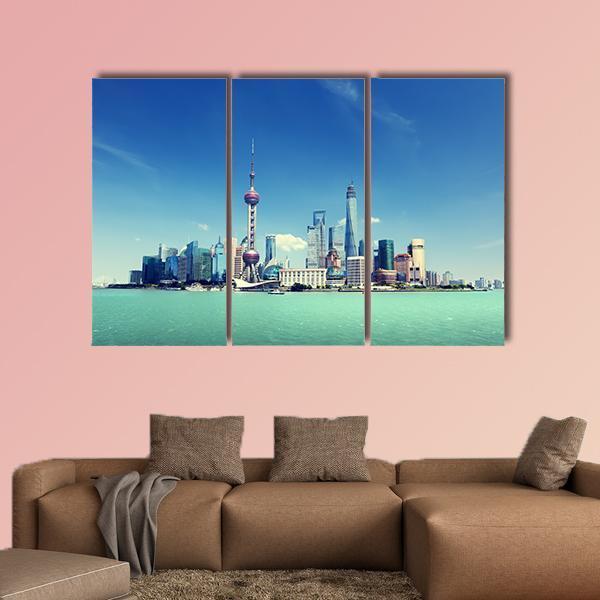 Shanghai Skyline And Sunny Day Canvas Wall Art-3 Horizontal-Gallery Wrap-25" x 16"-Tiaracle